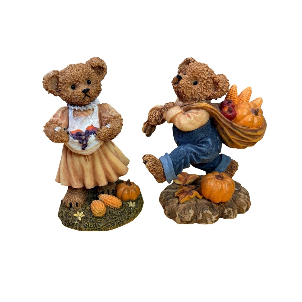 Harvest Teddy Bear Figurines Set Autumn Fall Decor Pumpkins Corn Resin 2pc